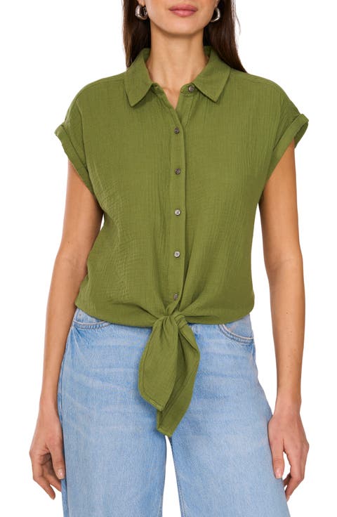 Tie Hem Cotton Button-Up Shirt