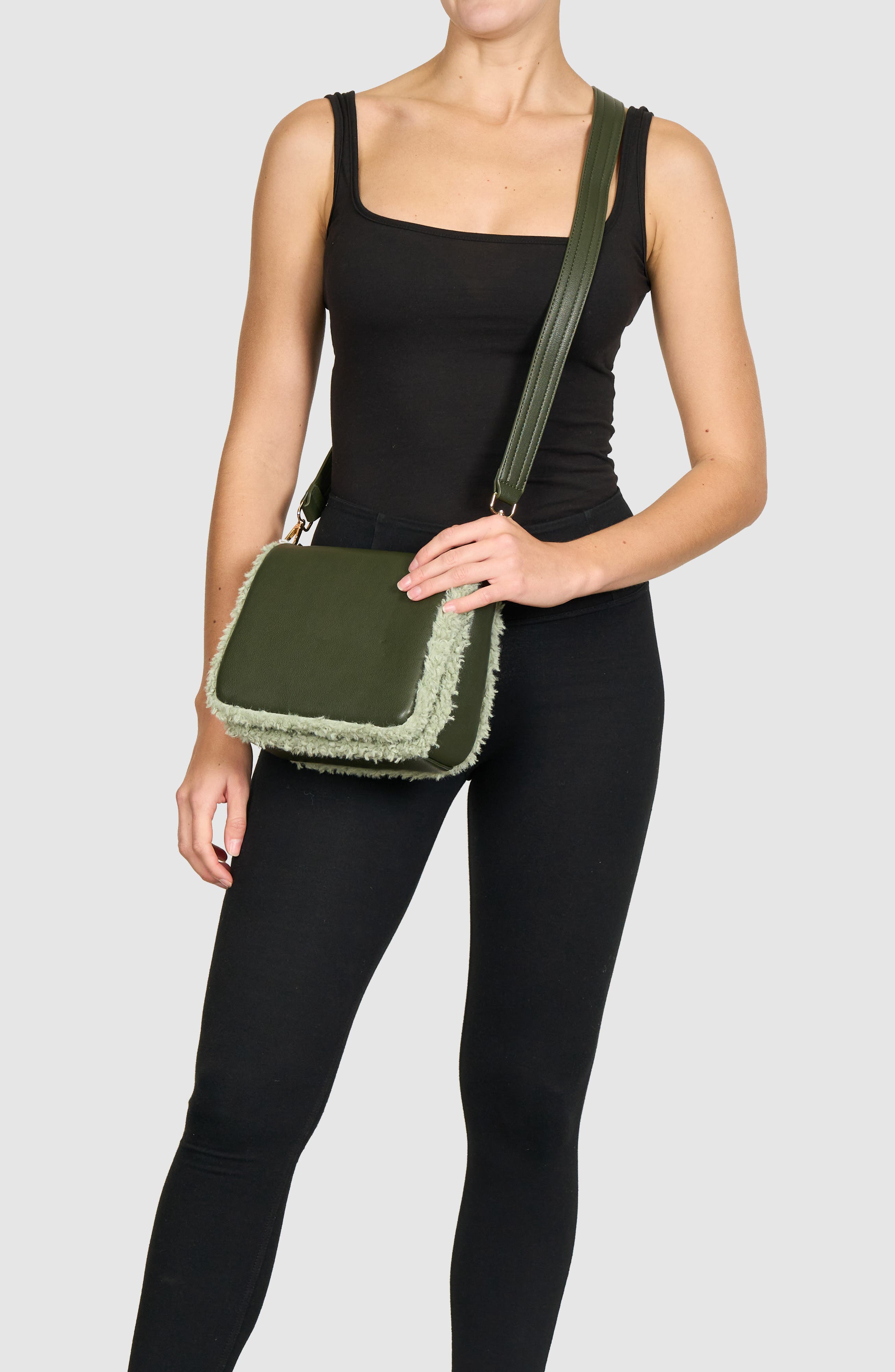 Faux Shearling Flap Crossbody Bag, Alternate, color, OLIVE
