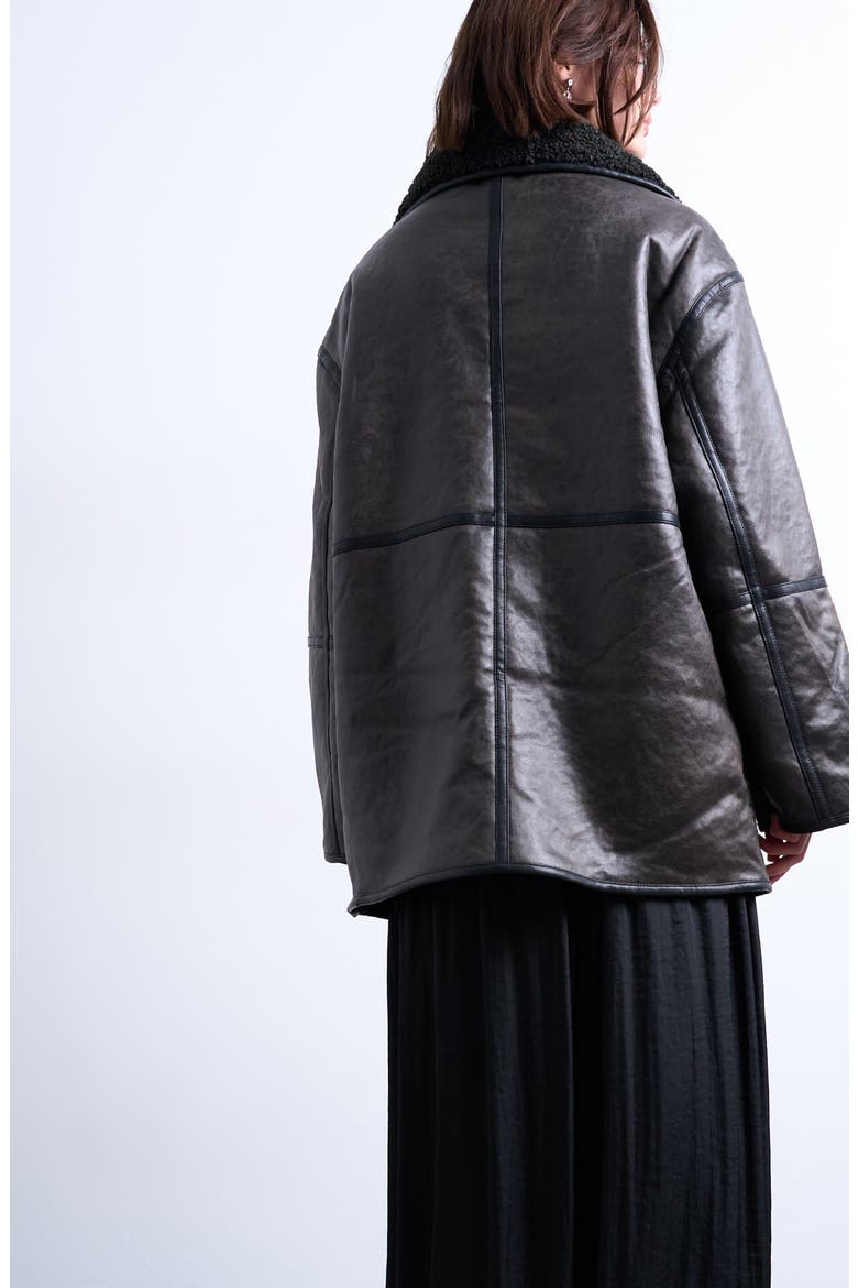 Oversize Faux Leather Car Coat with Faux Shearling Lining, Alternate, color, BLACK