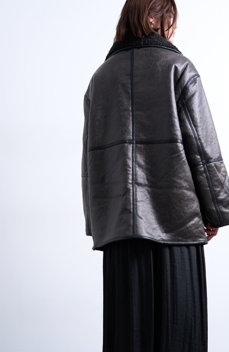 Topshop Oversize Faux Leather Car Coat with Faux Shearling Lining, Alternate, color, Black