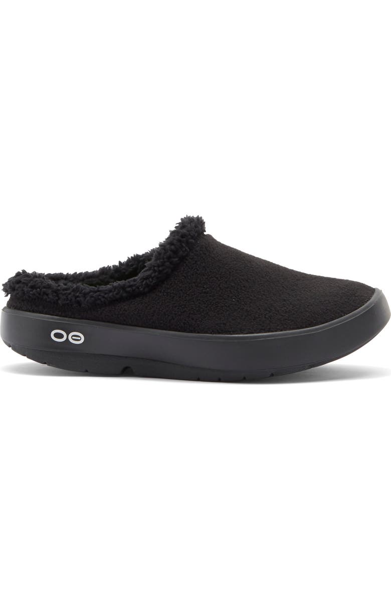 Oofos Gender Inclusive Oocoozie Fleece Clog Slipper, Alternate, color, Black