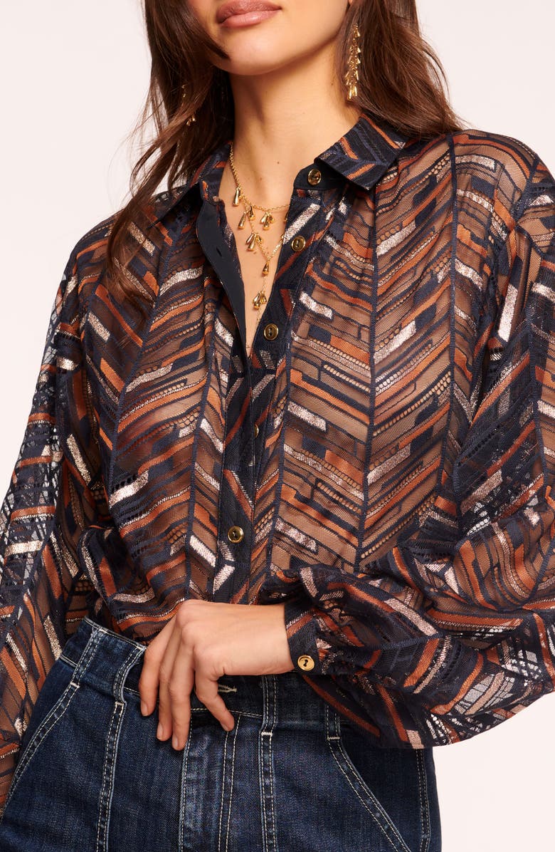 Ramy Brook Roberta Metallic Chevron Stripe Long Sleeve Button-Up Shirt, Alternate, color, 