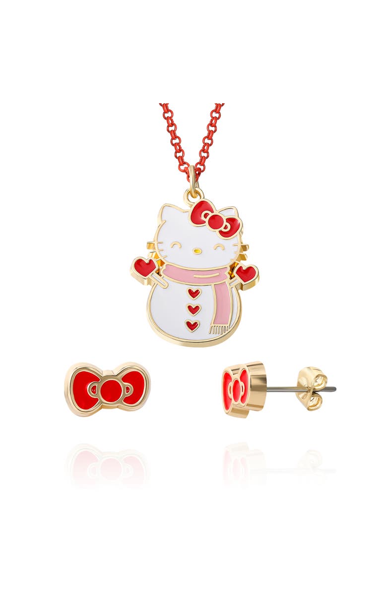 Hello Kitty Snowman Necklace and Earring Christmas Set, Main, color, Yellow Gold, White, Red