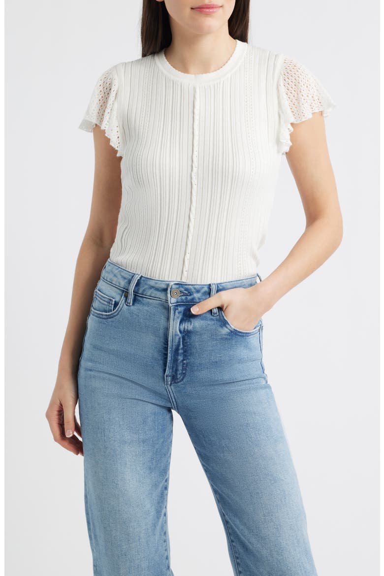 Pointelle Flutter Sleeve Sweater, Main, color, OFF WHITE