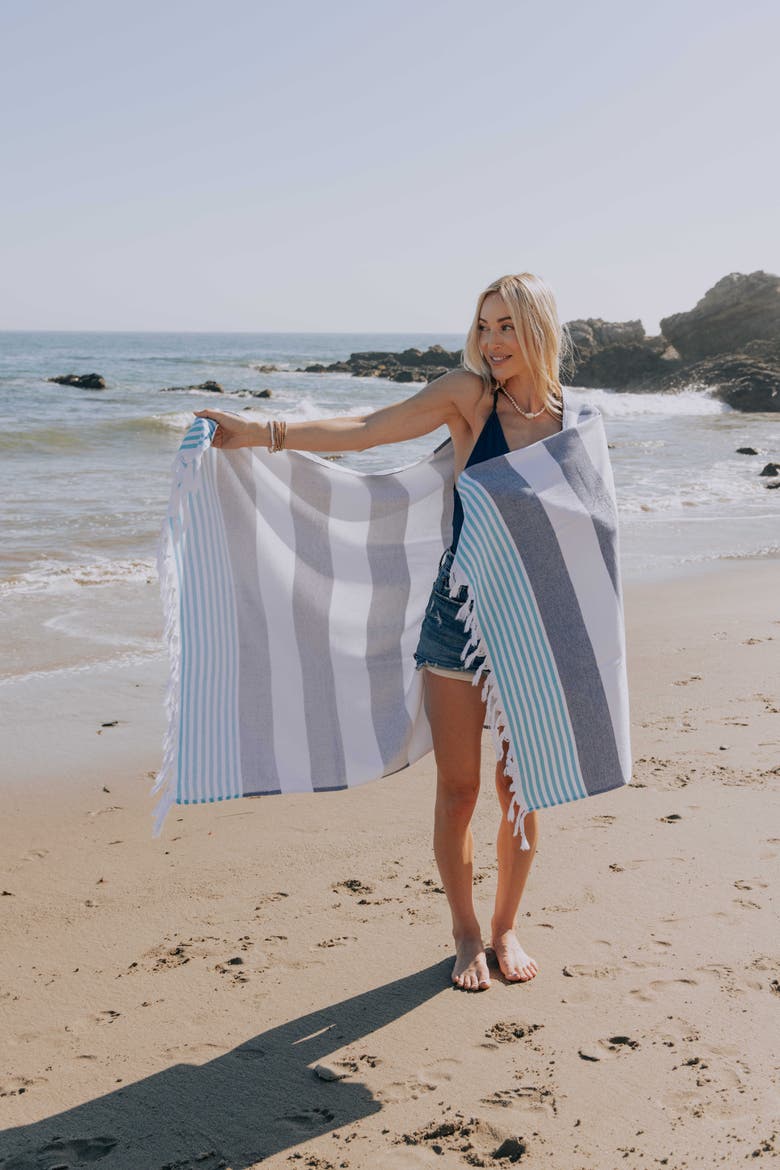 Marine Striped Organic Turkish Towel with Soft Terry Cloth Lining, Alternate, color, Navy and Blue