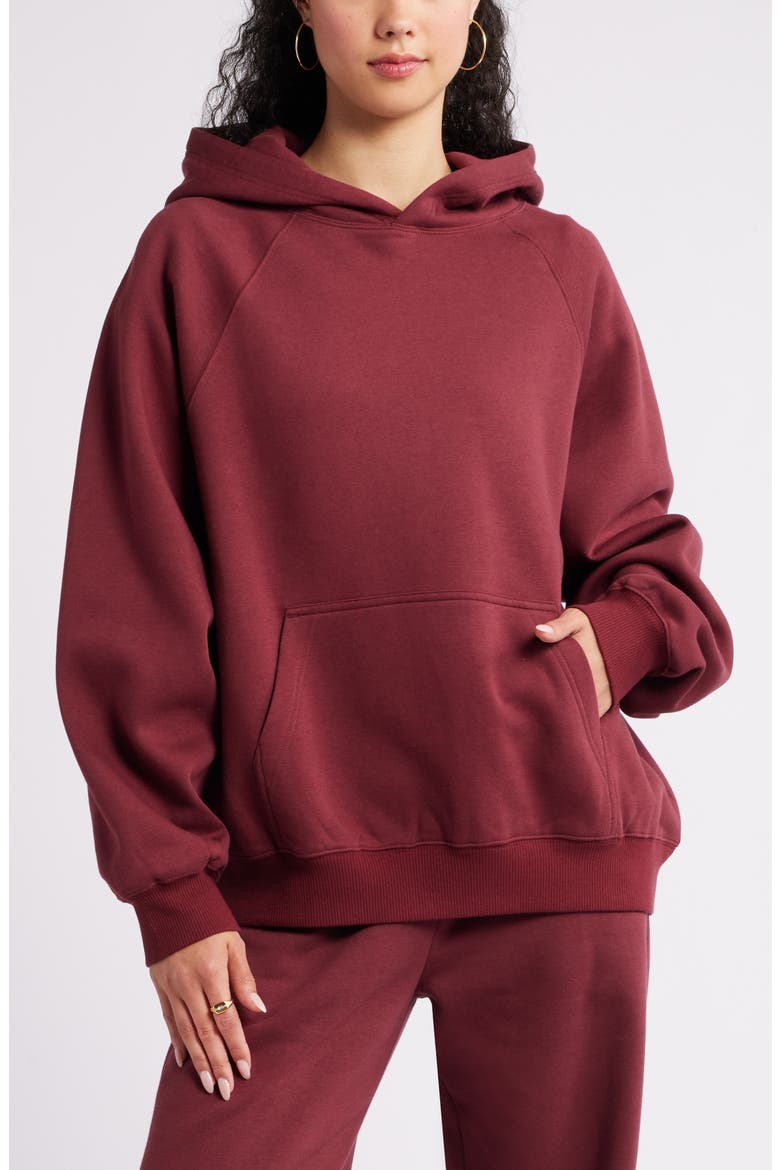 Fleece Detail Oversize Raglan Hoodie, Main, color, RED GRAPE
