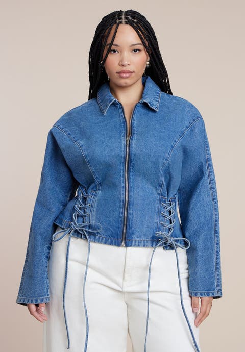 Lace Up Denim Jacket (Plus)