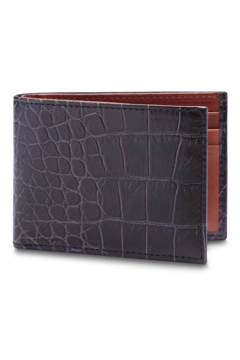 Croc Embossed Leather Small Bifold Wallet, Alternate, color, DARK BROWN