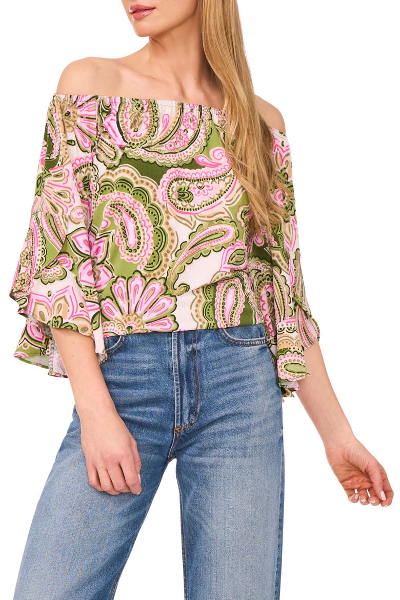 Off the Shoulder Flutter Sleeve Top, Main, color, GREEN MULTI