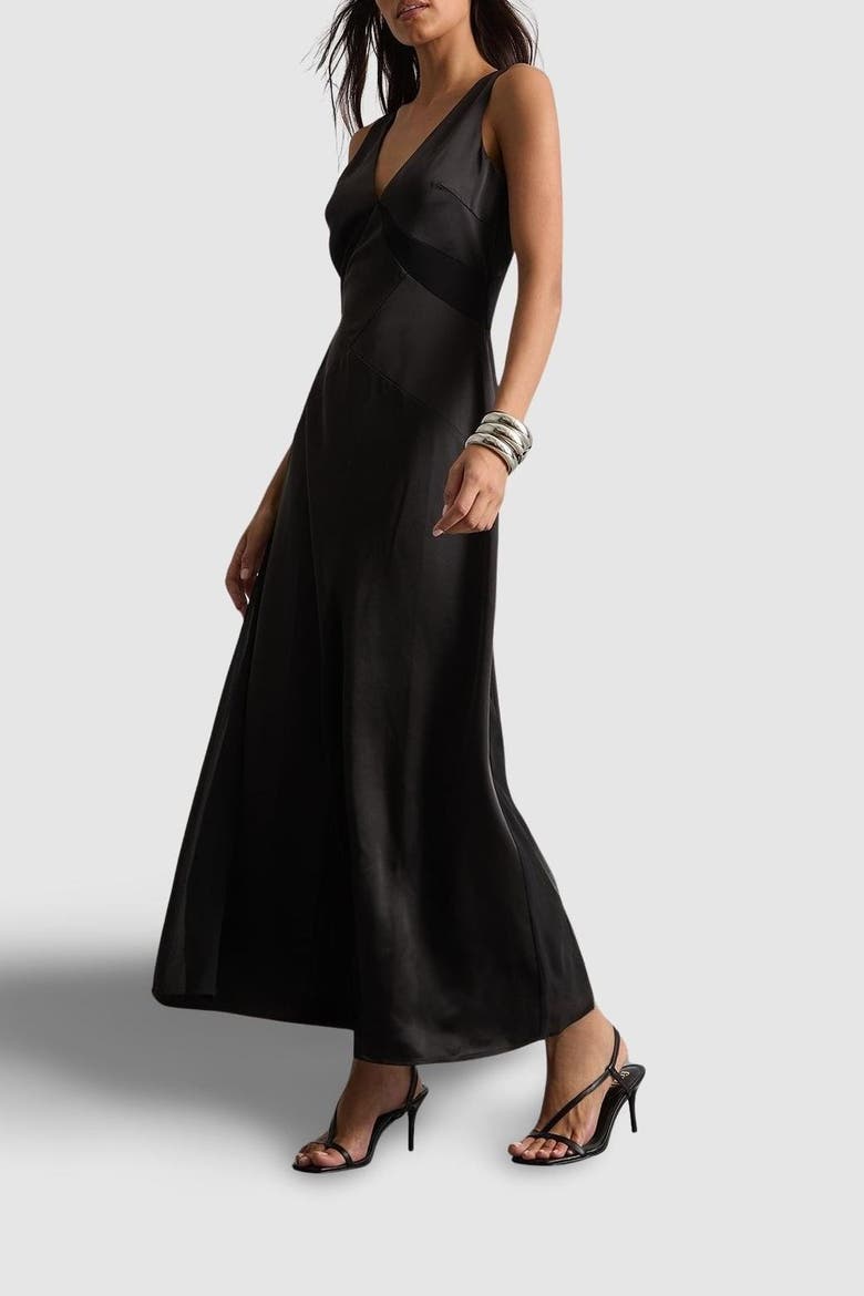 Satin and Chiffon Mix Midaxi Dress, Alternate, color, Black