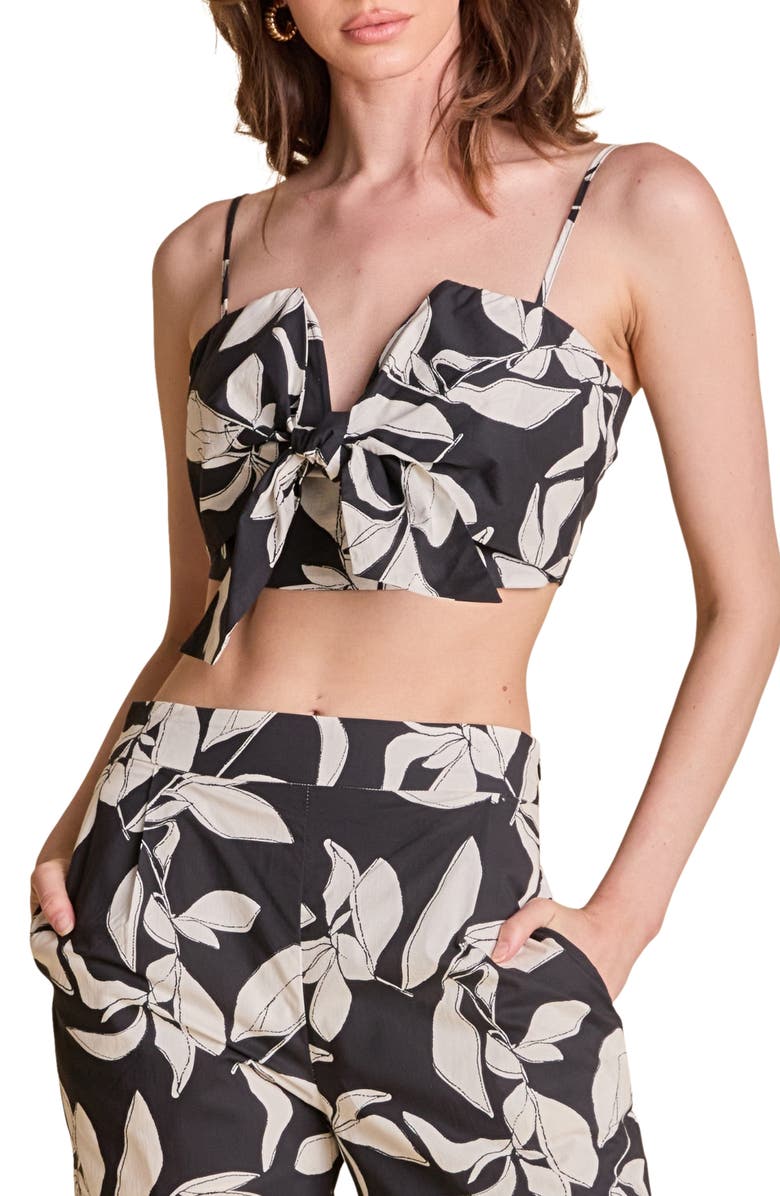 English Factory Leaf Print Bow Accent Cotton Camisole, Main, color, Black/ White