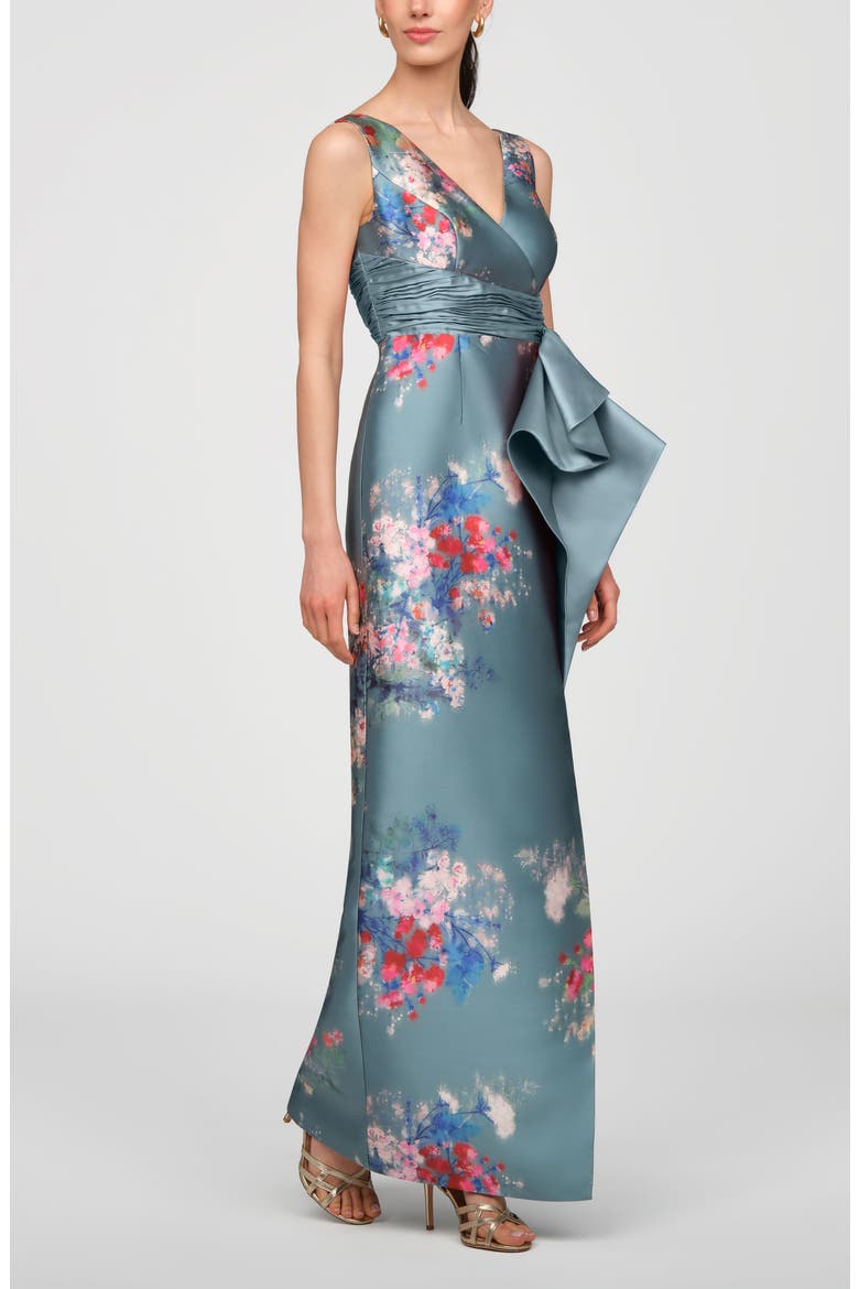 Kathleen Placed Floral Mikado Column Gown, Alternate, color, CYAN MULTI