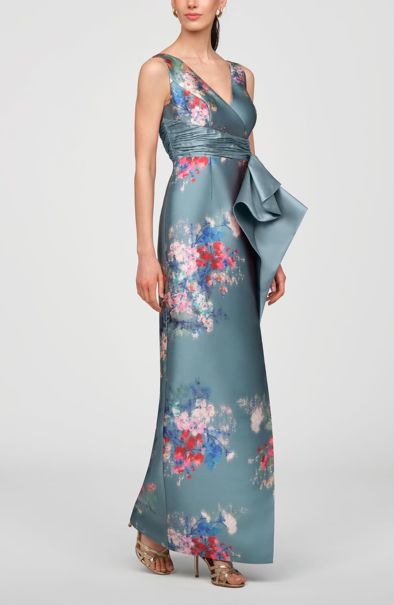Kay Unger Kathleen Placed Floral Mikado Column Gown, Alternate, color, Cyan Multi
