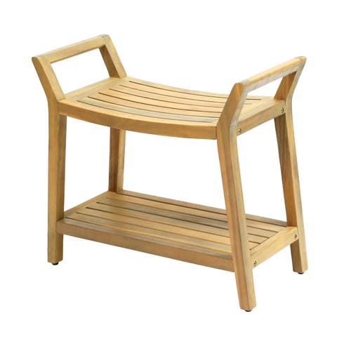 Orla 25.6" Modern Classic Slatted Solid Acacia Wood Indoor/Outdoor Shower Bench with Shelf and Handle