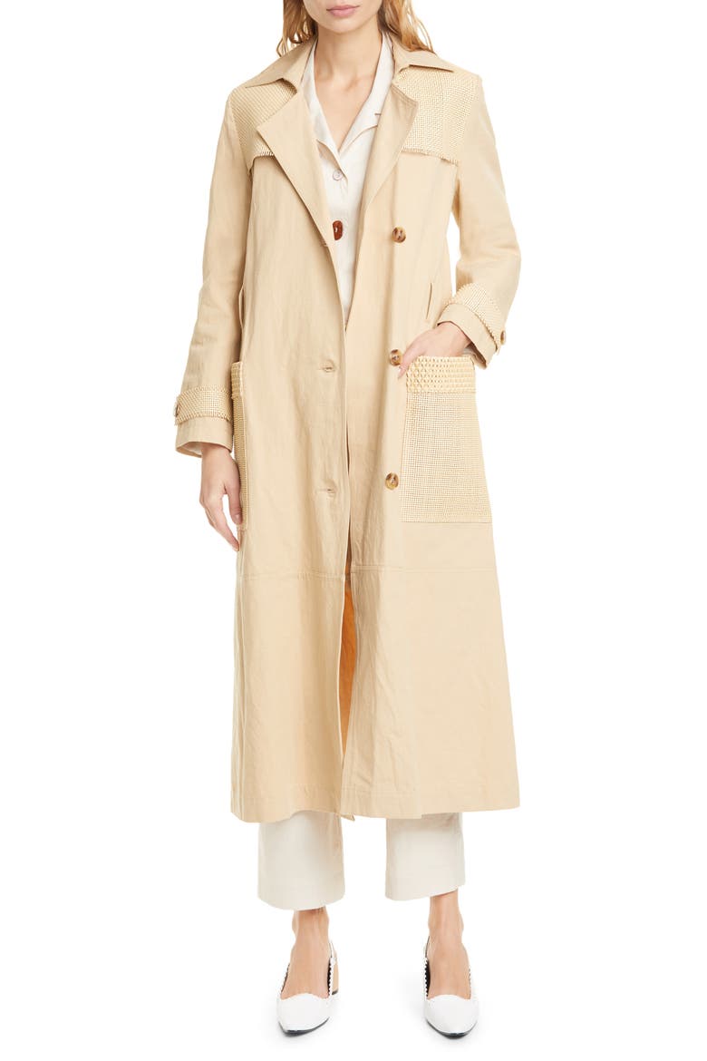 Alex Vegan Leather Trim Cotton & Linen Trench Coat, Main, color, SAND