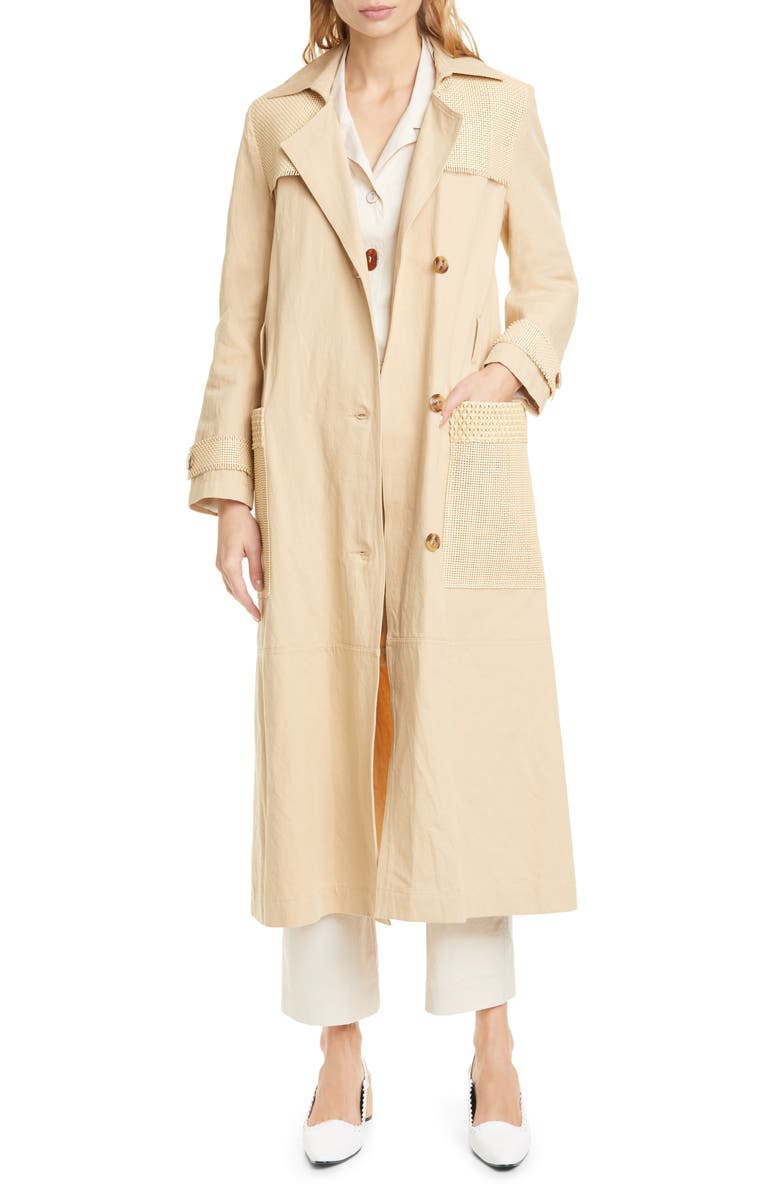 Nanushka Alex Vegan Leather Trim Cotton & Linen Trench Coat, Main, color,