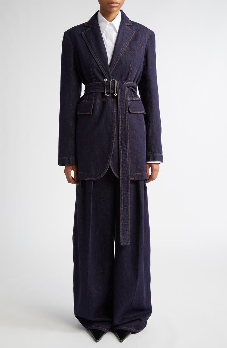 SPORTMAX Domino Monogram Buckle Belted Denim Jacket, Alternate, color, Navy