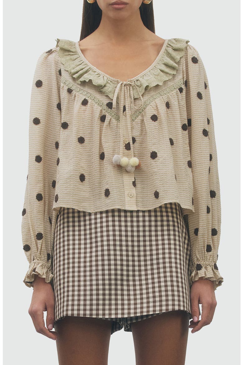 Theodore Polka Dot Ruffle Top, Main, color, TAN BROWN