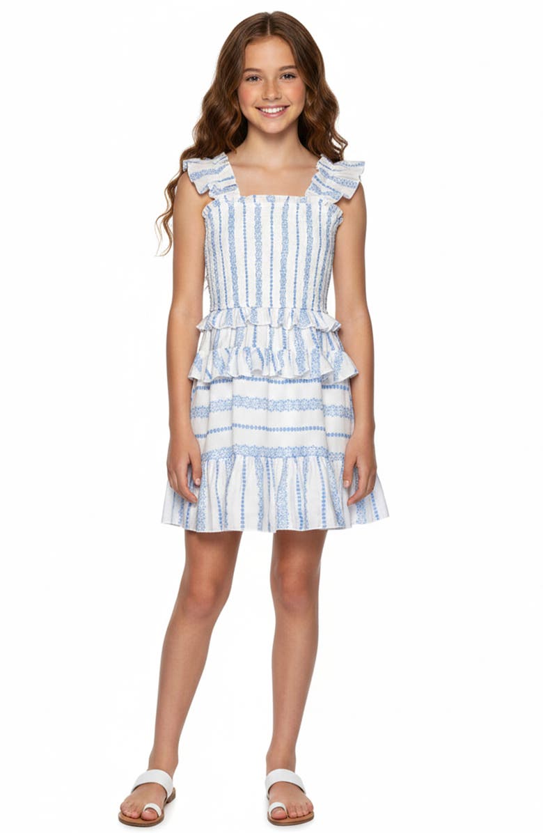 Hannah Banana Kids' Floral Stripe Ruffle Dress, Alternate, color, Blue/ White