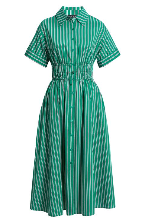 Stripe Drawcord Waist Shirtdress