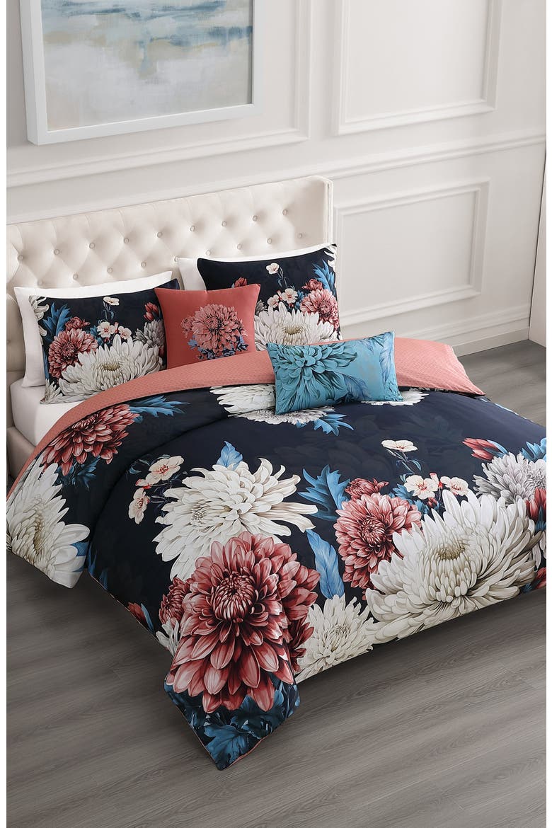 Navy Mums Reversible 5-Piece Comforter Set, Alternate, color, BLUE