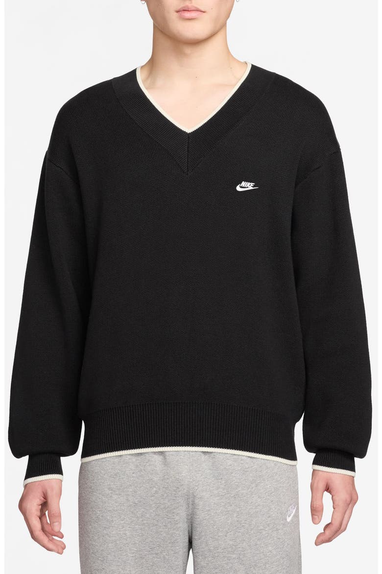 Club Oversize Cotton V-Neck Sweater, Main, color, BLACK/ SAIL/ WHITE