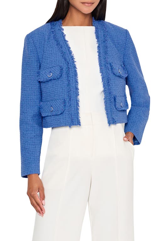 Milly Serena Fringe Detail Cotton Blend Tweed Jacket In Blue
