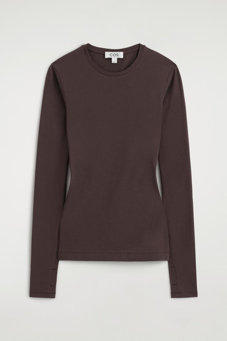 Cotton Long-sleeved Top, Alternate, color, DARK BROWN