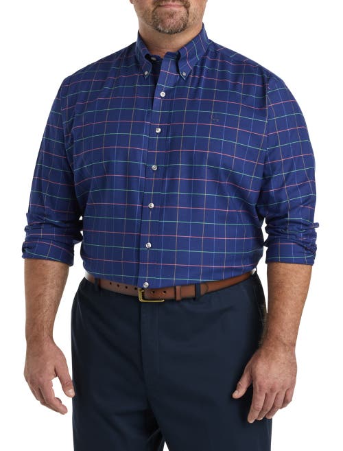 Brooks Brothers Stretch Cotton Non-iron Oxford Polo Button Down Collar Multi Windowpane Shirt In Navy Multi