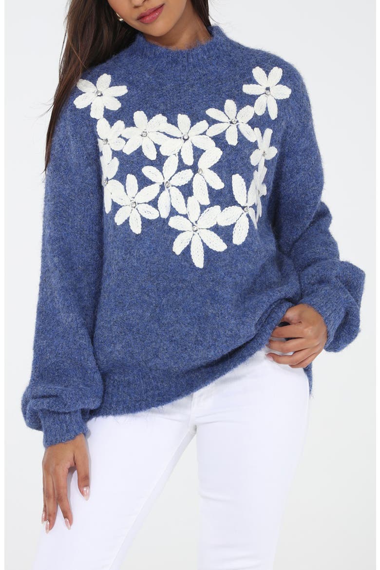 Rhinestone Embellished Floral Turtleneck Sweater, Main, color, BLUE