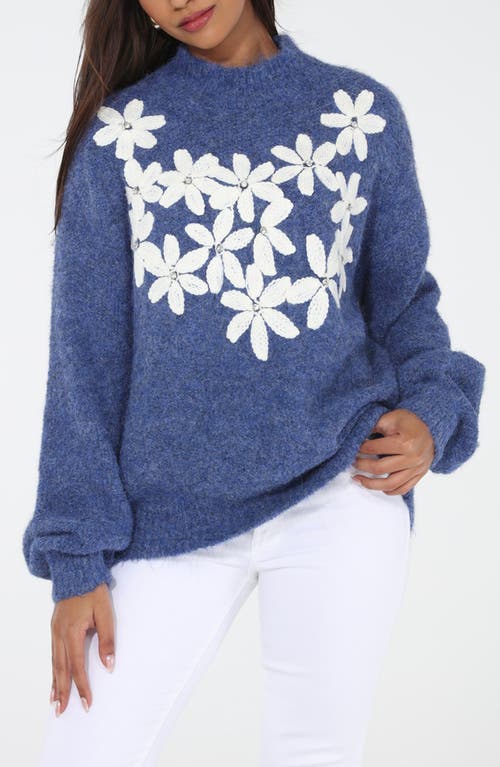 Rain And Rose Rhinestone Embellished Floral Turtleneck Sweater In Blue