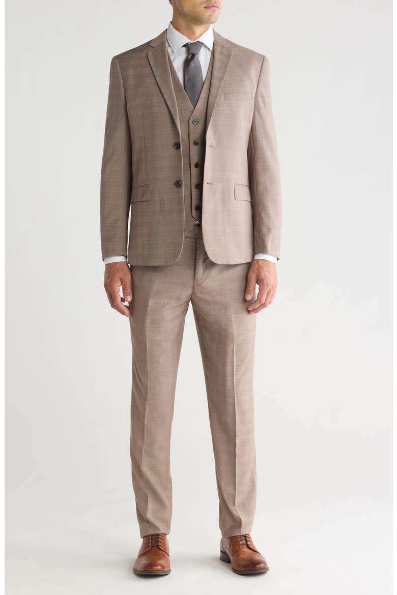 Slim Fit Check Three Piece Suit, Main, color, LIGHT BROWN
