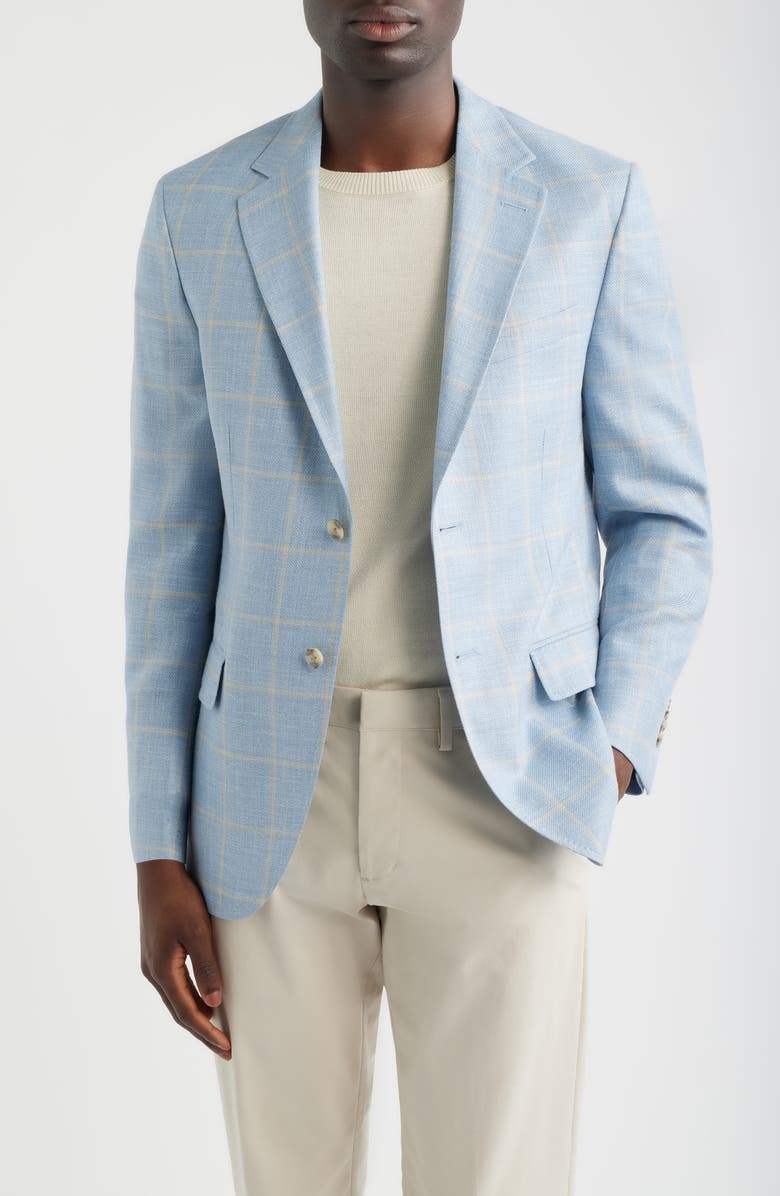 Peter Millar Hyperlight Soft Light Blue Windowpane Check Slub Wool & Silk Blend Sport Coat, Main, color, Light Blue
