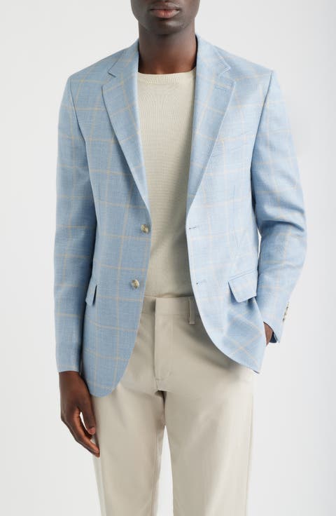 Hyperlight Soft Light Blue Windowpane Check Slub Wool & Silk Blend Sport Coat (Regular & Big)