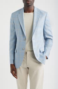 Peter Millar Hyperlight Soft Light Blue Windowpane Check Slub Wool & Silk Blend Sport Coat