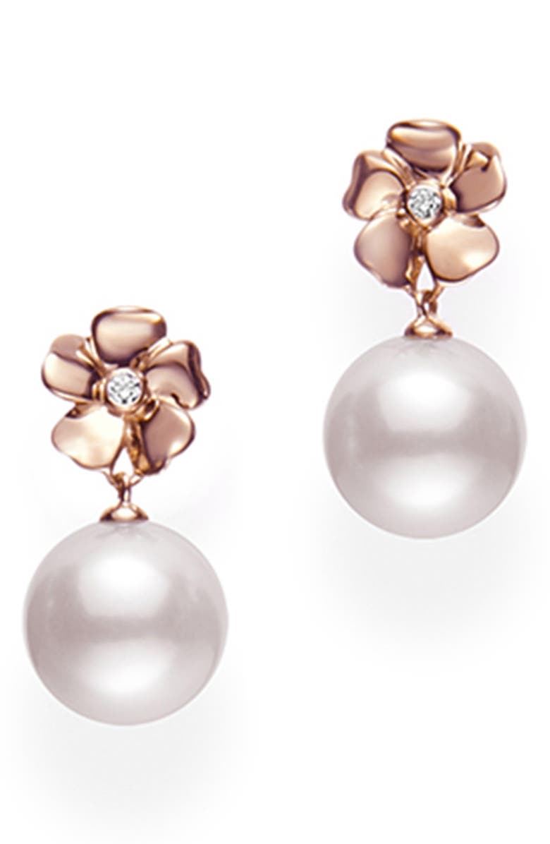 Mikimoto Cultured Pearl & Diamond Flower Earrings, Main, color, 