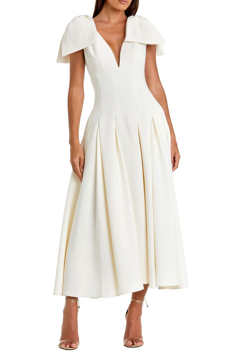 Crepe A Line Midi Dress With Bow Straps, Main, color, Ivory