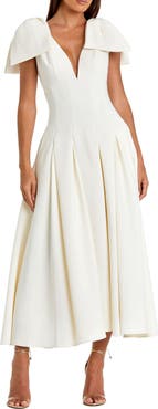 Mac Duggal Crepe A Line Midi Dress With Bow Straps