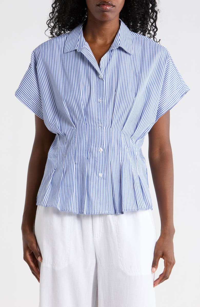 beachlunchlounge Raven Stripe Short Sleeve Button-Up Shirt, Main, color, Blue Stone