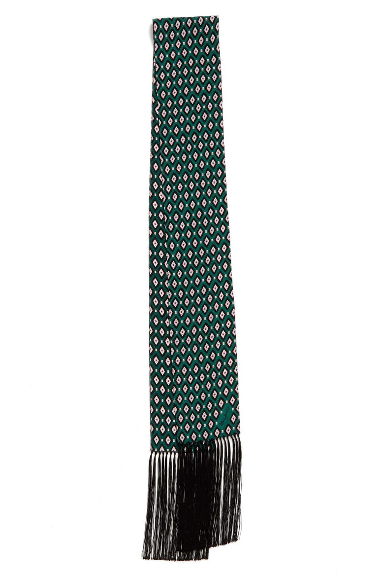 Diamond Print Fringe Trim Silk Skinny Scarf, Alternate, color, GREEN MULTI