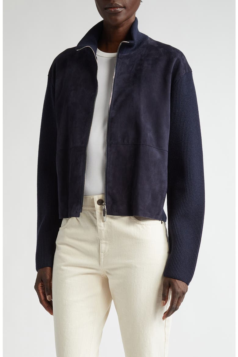 Suede & Wool Knit Cardigan Bomber Jacket, Main, color, INK