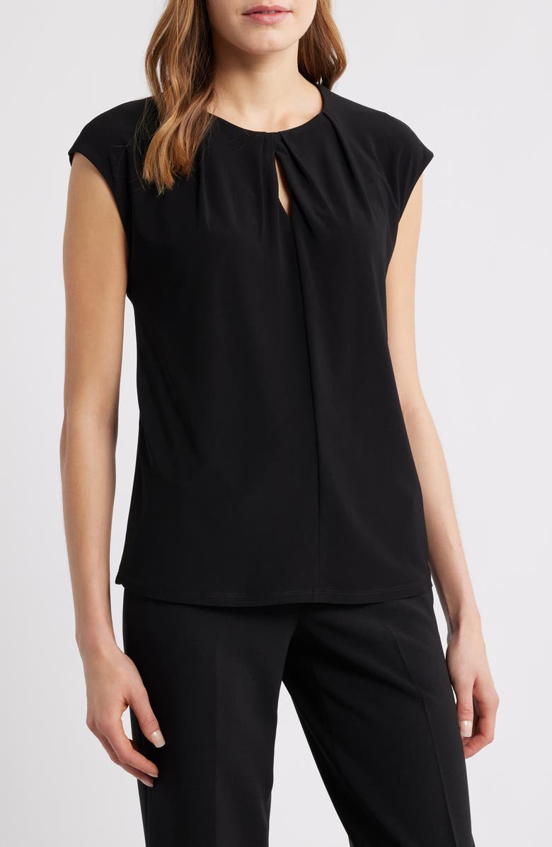 Anne Klein Pleat Neck Cap Sleeve Top, Main, color, Anne Black