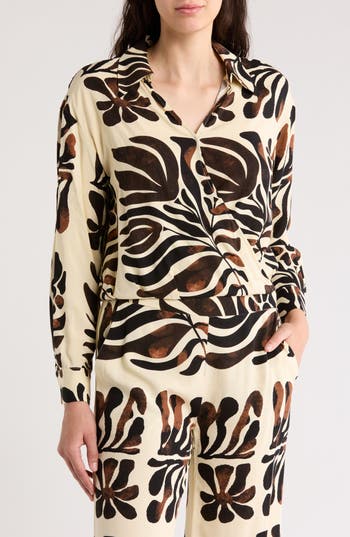 T Tahari Faux Wrap Collared Top In Tan/brown/black