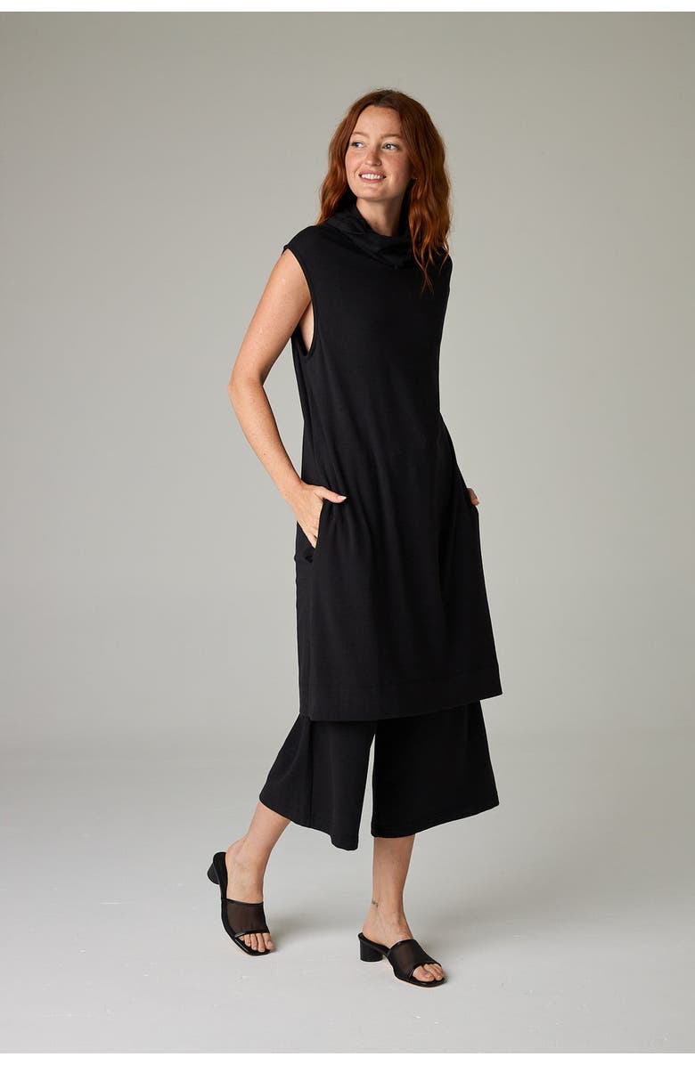 eavolu Kakadu Eco-Luxe Rib Sleeveless Funnel Neck Tunic/Dress - Ultra-Luxe Flow, Main, color, Coal Black