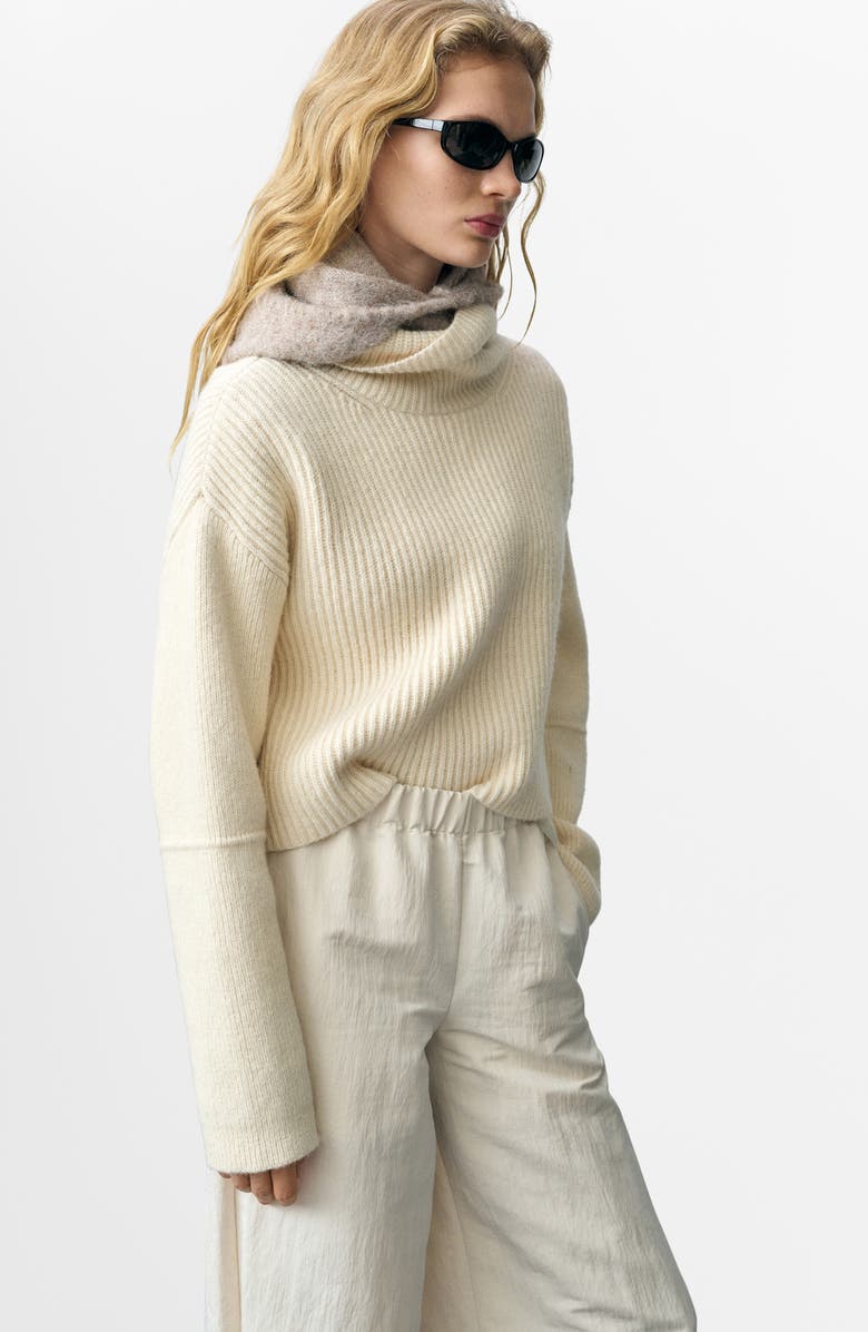MANGO Tappeito Turtleneck Cotton & Wool Rib Sweater, Alternate, color, Ecru