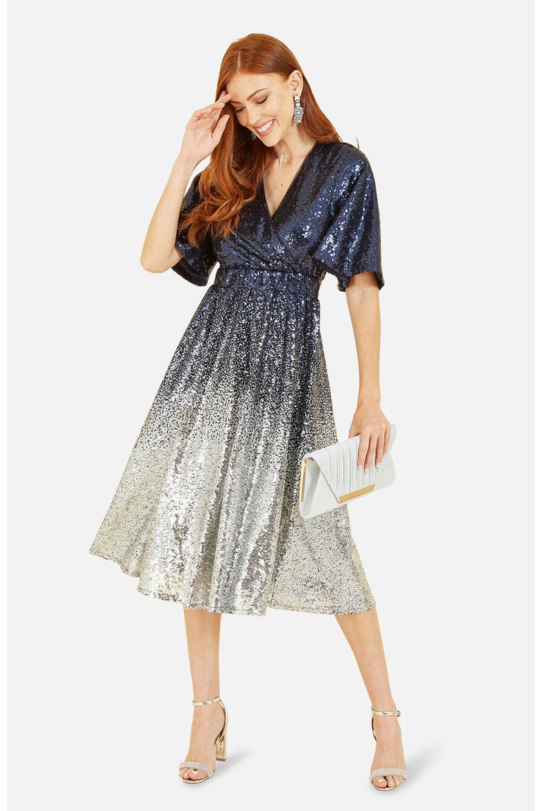 Ombre Sequin V-Neck Midi Dress, Alternate, color, Navy