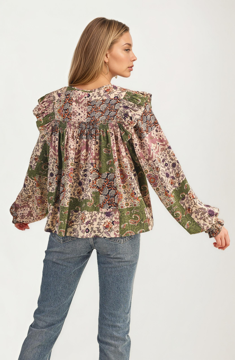 Knit and Lounge Boho Patchwork Ruffle Tassel Tie Neckline Blouse, Alternate, color,