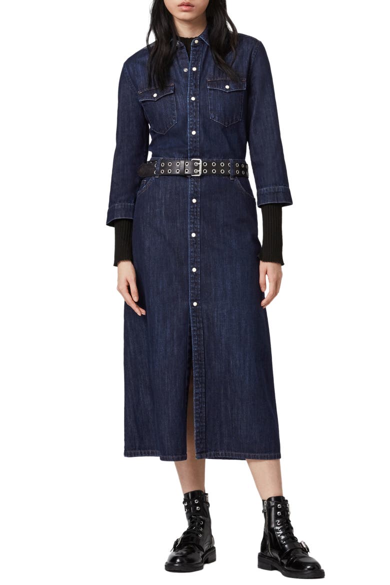 Polly Denim Midi Dress, Main, color, DARK INDIGO BLUE