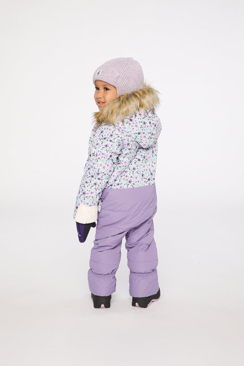 Mini Flowers Snug Car Seat Fleece Neckwarmer One Piece Snowsuit, Alternate, color, Purple Printed Mini Flowers