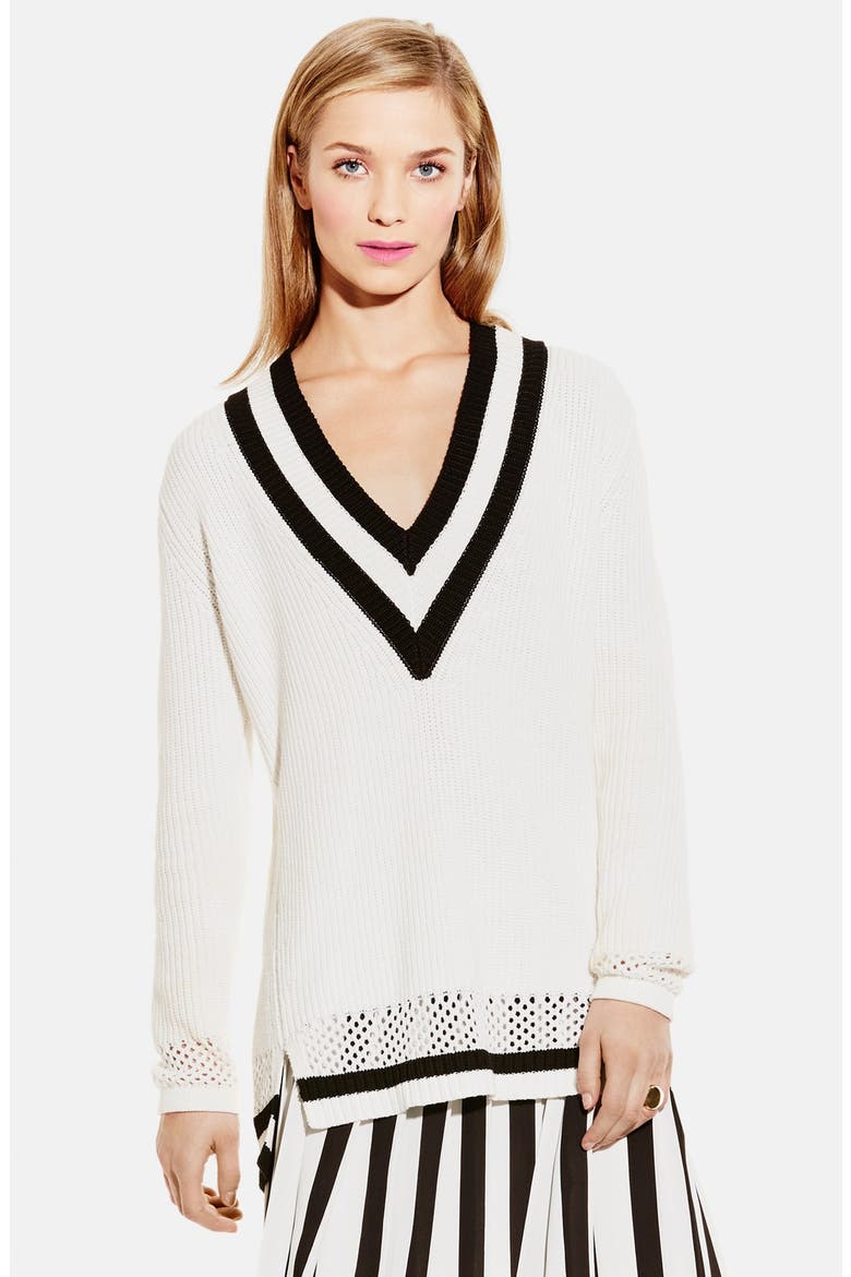 Border Stripe V-Neck Sweater, Main, color, NEW IVORY